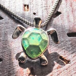 Sterling Iridescent Green Enamel Sea Turtle Pendant Necklace